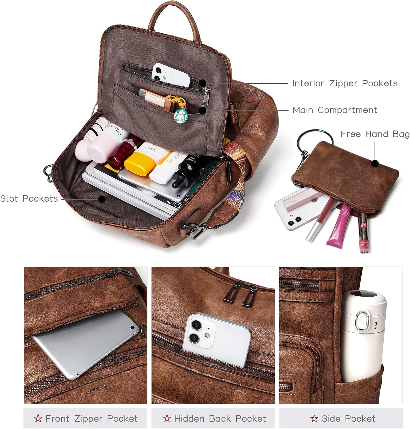 Vegan Leather Backpack Purse for Women with Adjustable Shoulder Bag | Water Resistant Fashion Designer Travel Backpack,Convertible Shoulder Bag with Wristlet,College Work(two-toned Brown)