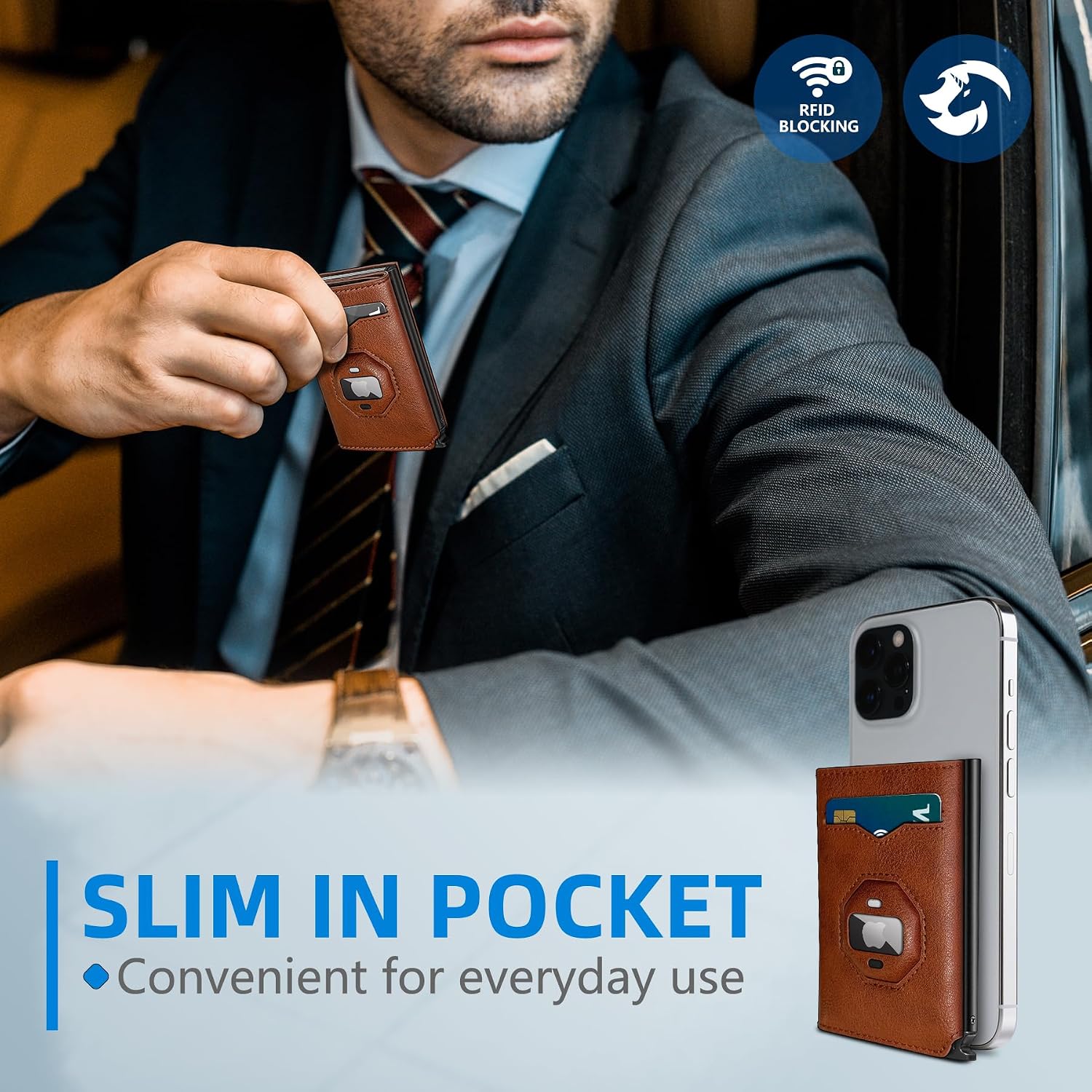 Airtag Wallet for Men,with Cash Pocket 2 ID Window 10+ Cards,Metal Case Smart Slim Pop Up Credit Card Holder Flip with Magnetic Closure RFID Blocking Trifold Leather wallet with Gift Box