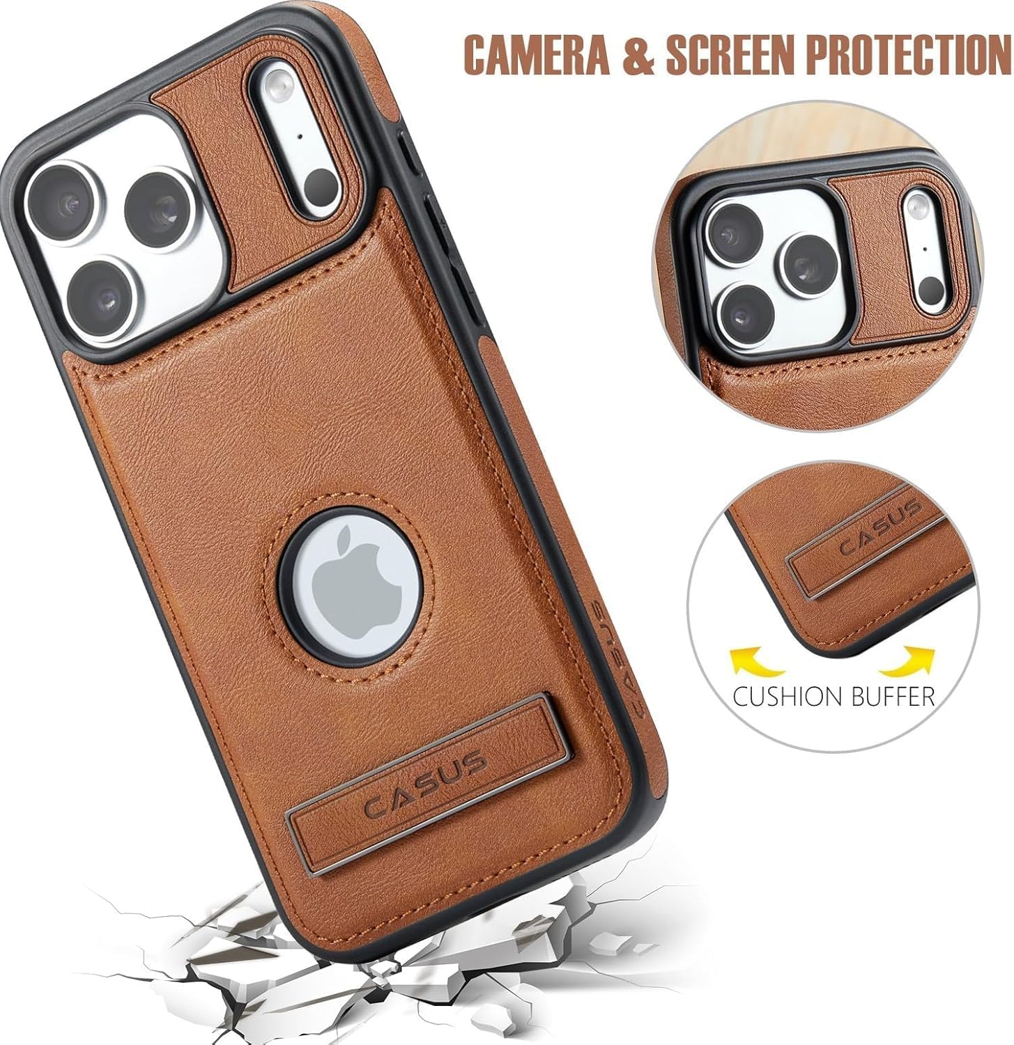 Casus Designed for iPhone 17 Pro Max Case with MagSafe, Slim Kickstand Vegan Leather Protective Cover with Tempered Glass Screen Protector, 6.9 Inch (2025), Brown