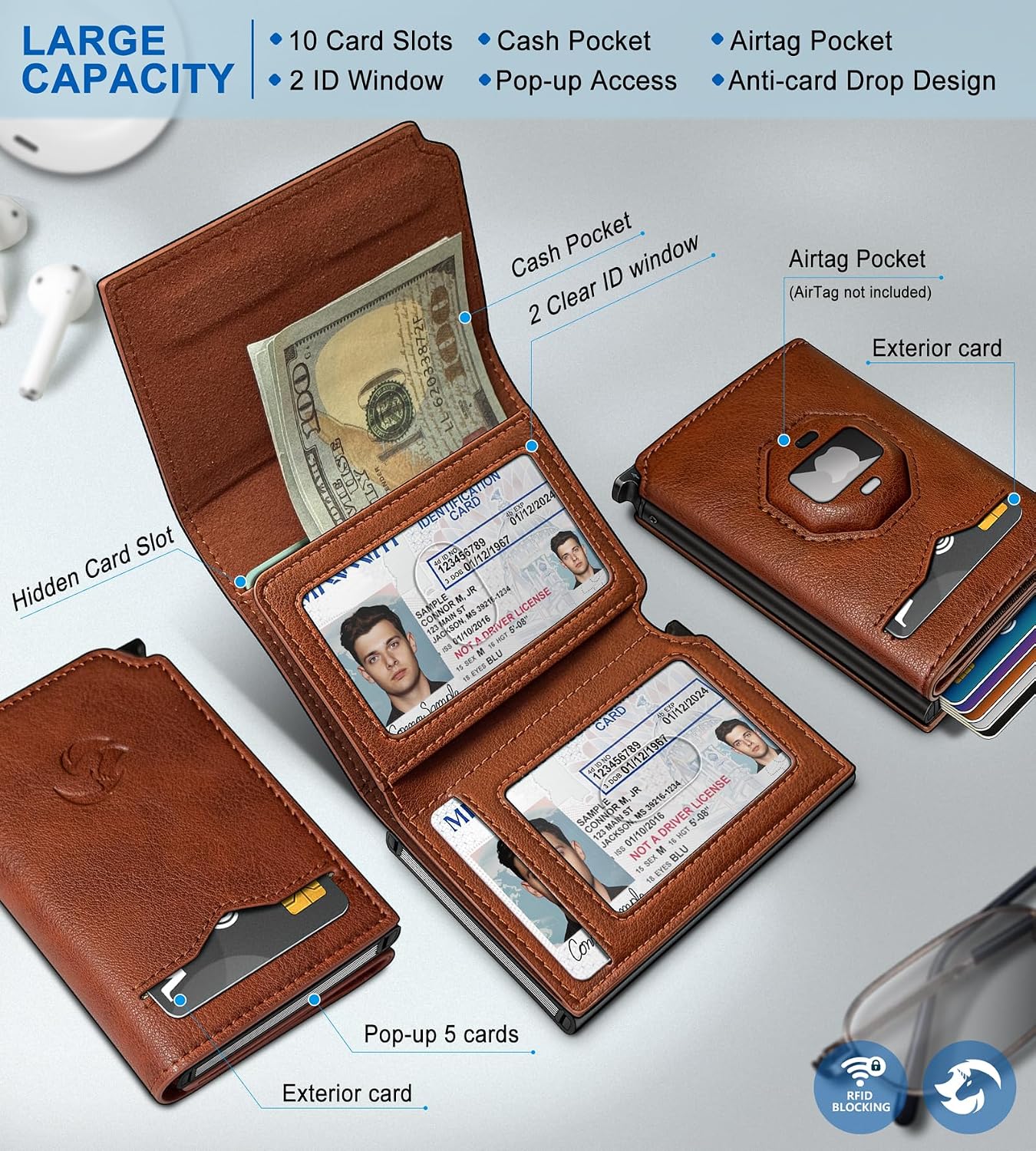 Airtag Wallet for Men,with Cash Pocket 2 ID Window 10+ Cards,Metal Case Smart Slim Pop Up Credit Card Holder Flip with Magnetic Closure RFID Blocking Trifold Leather wallet with Gift Box