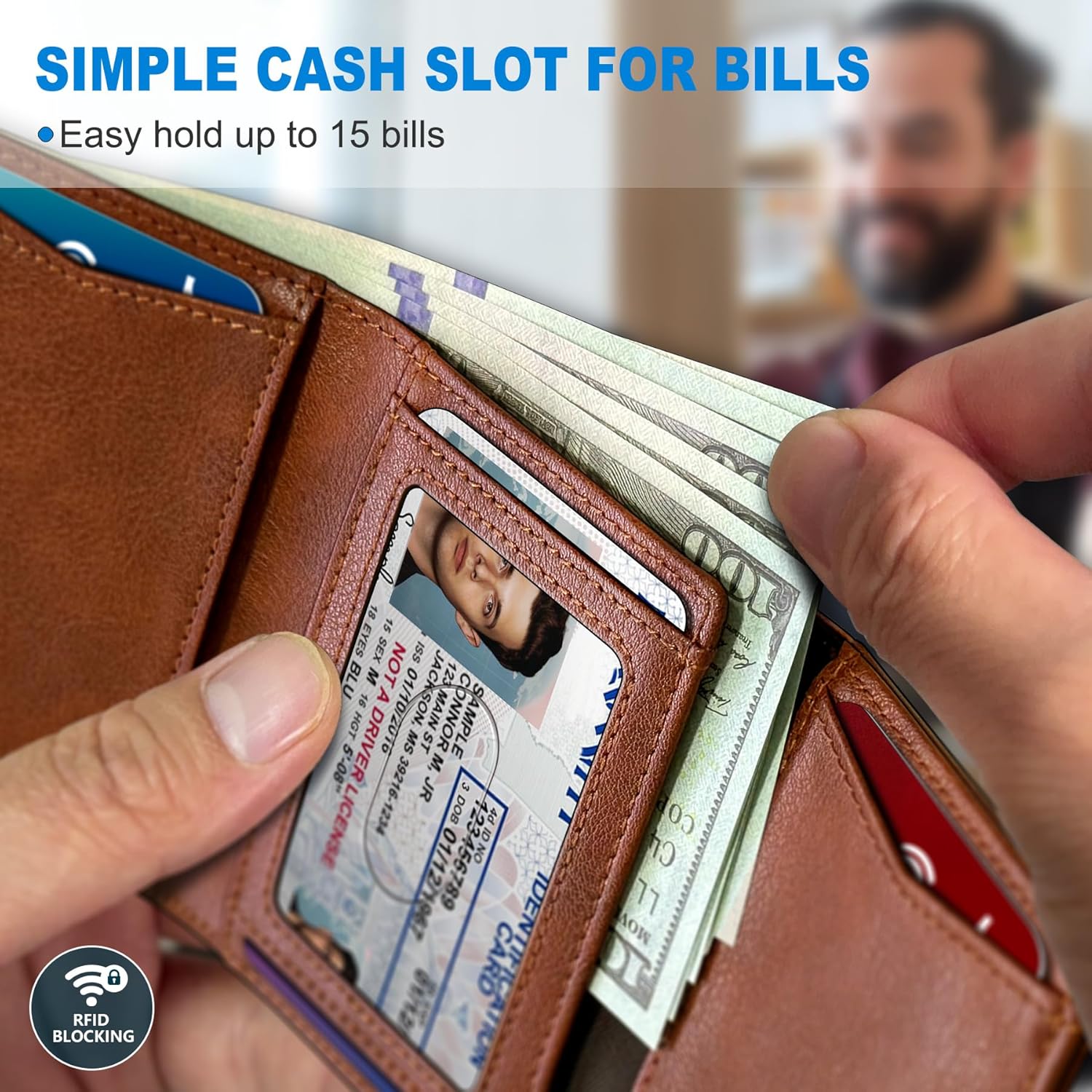Trifold Leather Wallet for Men,with Cash Pocket 2 ID Window 14-16 Cards Magnetic Closure Slim Wallet 4.0"*3.1", RFID Blocking Front Pocket Wallet with Gift Box