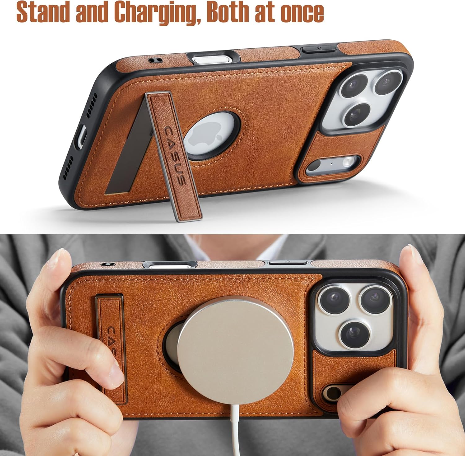 Casus Designed for iPhone 17 Pro Max Case with MagSafe, Slim Kickstand Vegan Leather Protective Cover with Tempered Glass Screen Protector, 6.9 Inch (2025), Brown