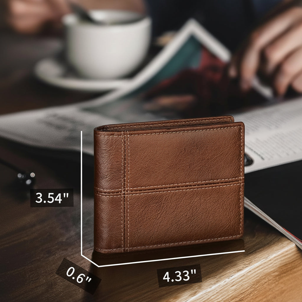 Men's Genuine Leather RFID Bifold Wallet 13 Card Slots Brown Gift Box