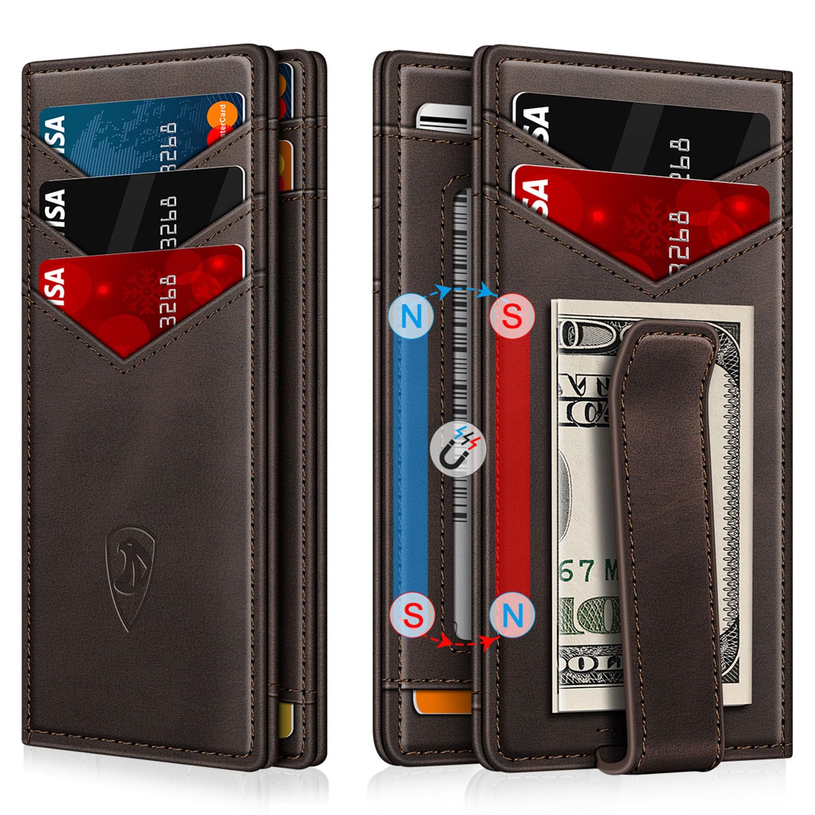 Wallet for Men Slim Leather Wallets for 12-15 Cards, Minimalist Thin RFID Blocking Card Holder with Money Clip & ID Window, Small Bifold Front Pocket Wallet, Gifts for Men