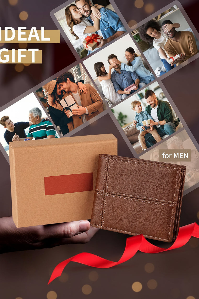 Men's Genuine Leather RFID Bifold Wallet 13 Card Slots Brown Gift Box