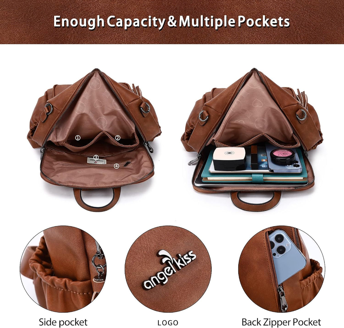 Angel Kiss Women's Backpacks & Purse - PU Leather Zipper Casual Backpacks & Shoulder Bags