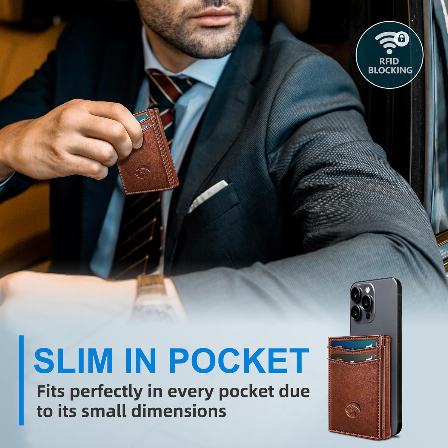 Trifold Leather Wallet for Men,with Cash Pocket 2 ID Window 14-16 Cards Magnetic Closure Slim Wallet 4.0"*3.1", RFID Blocking Front Pocket Wallet with Gift Box