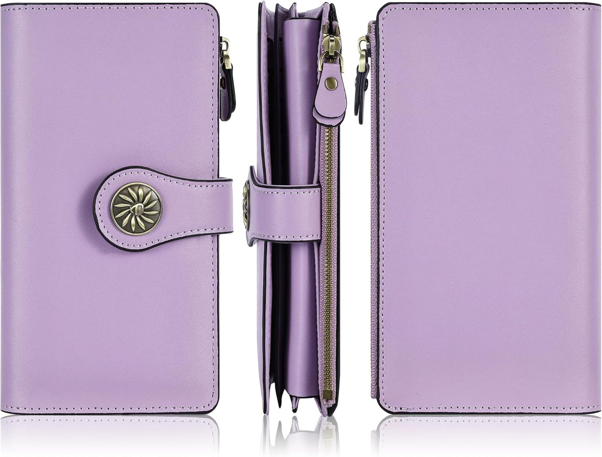 Light purple wallet shown from the front, open and back views