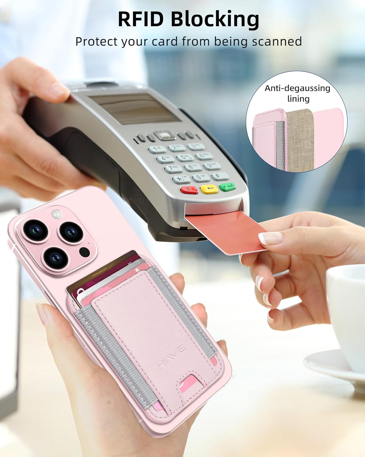 HiWe for MagSafe Wallet, 7 Cards Holder, RFID Blocking, Stronger Magnets | Magnetic Wallet for iPhone 12-17 Series, Minimalist Slim, 1 Slot, Pink & Grey