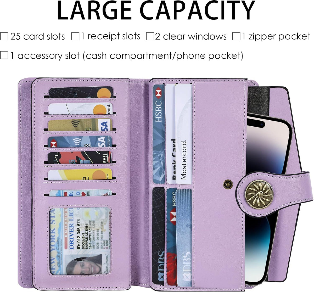 Light purple trifold wallet open showing many card slots, receipt slots, 2 clear ID windows, a zipper pocket and a cash or phone slot