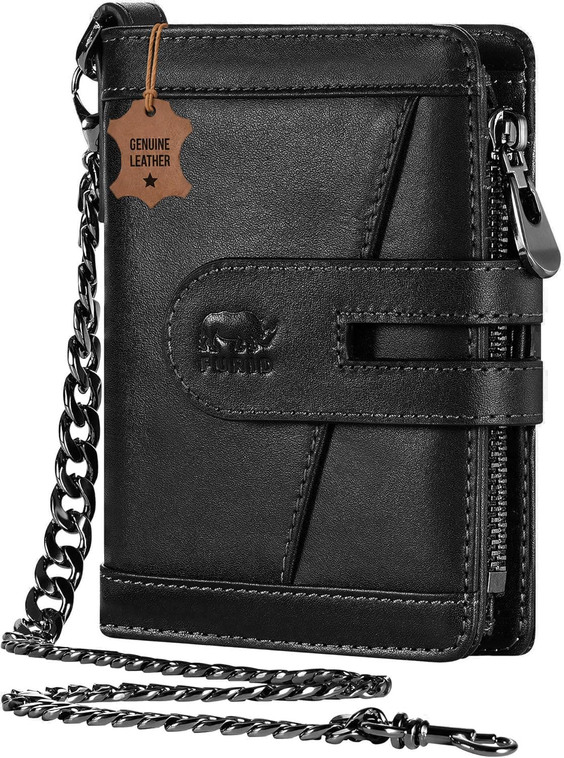 Men's RFID Leather Chain Wallet with Zipper Pocket & 15 Card Slots