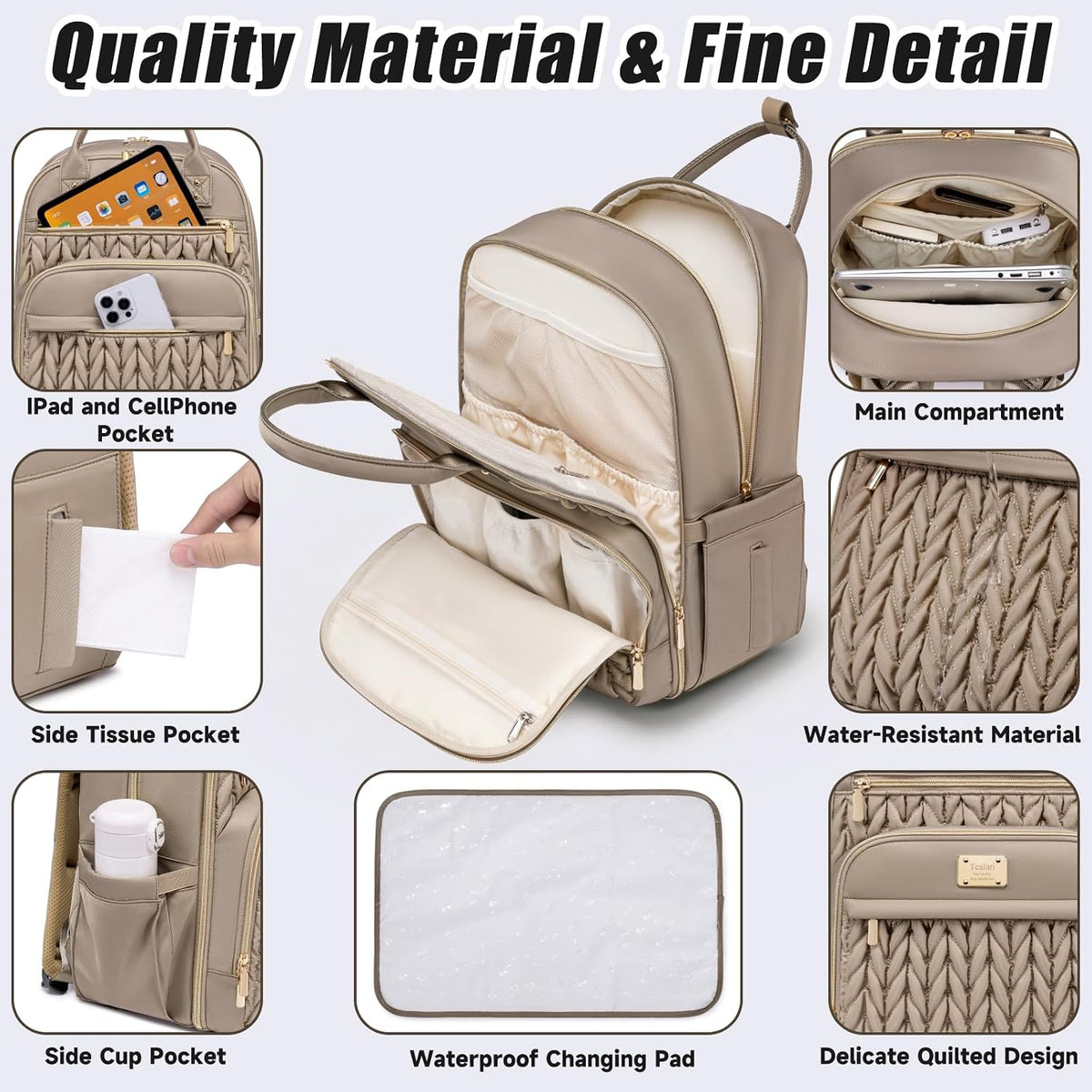 Diaper bag backpack material close-ups: iPad and phone pocket, main compartment, side tissue pocket, side cup pocket and quilted design