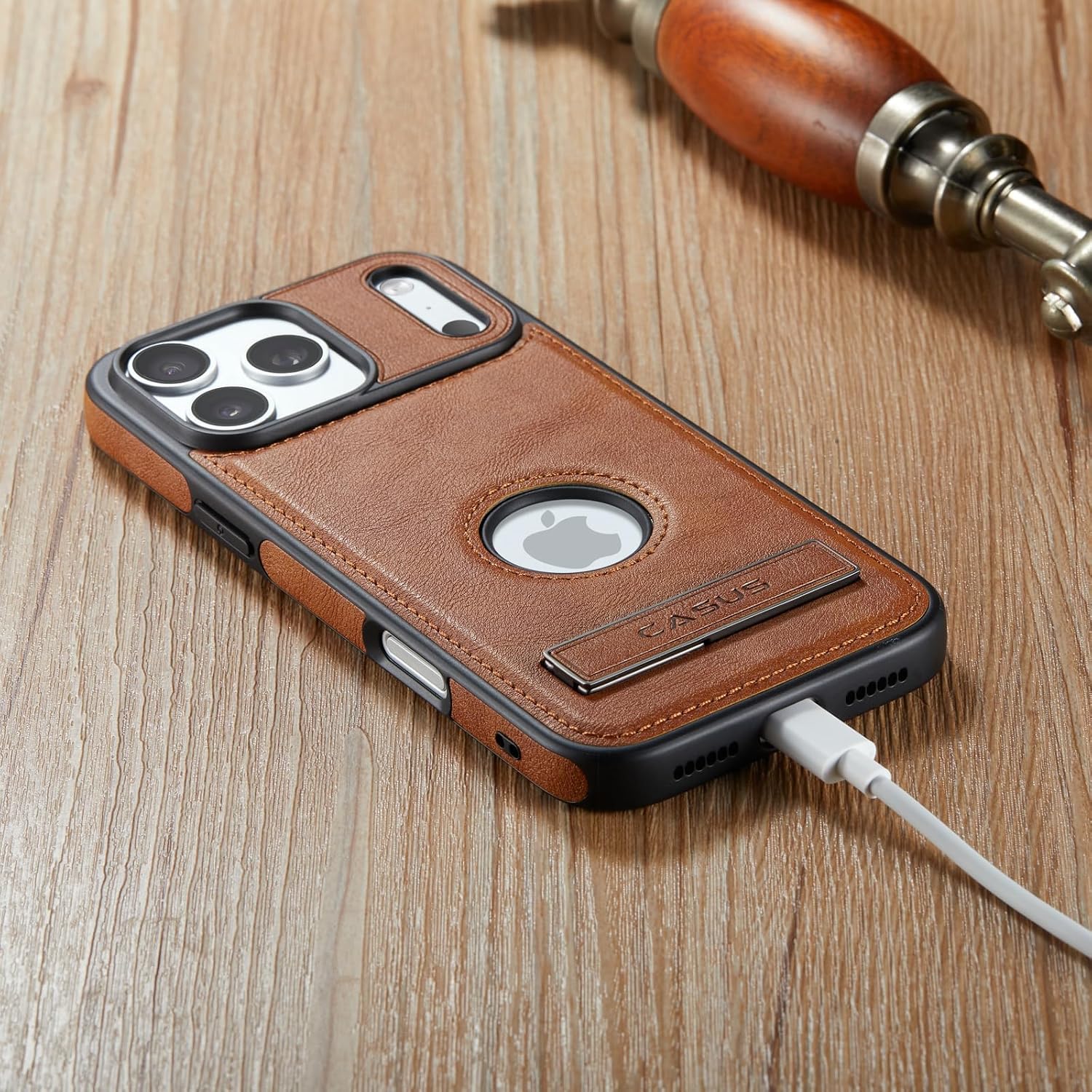 Casus Designed for iPhone 17 Pro Max Case with MagSafe, Slim Kickstand Vegan Leather Protective Cover with Tempered Glass Screen Protector, 6.9 Inch (2025), Brown
