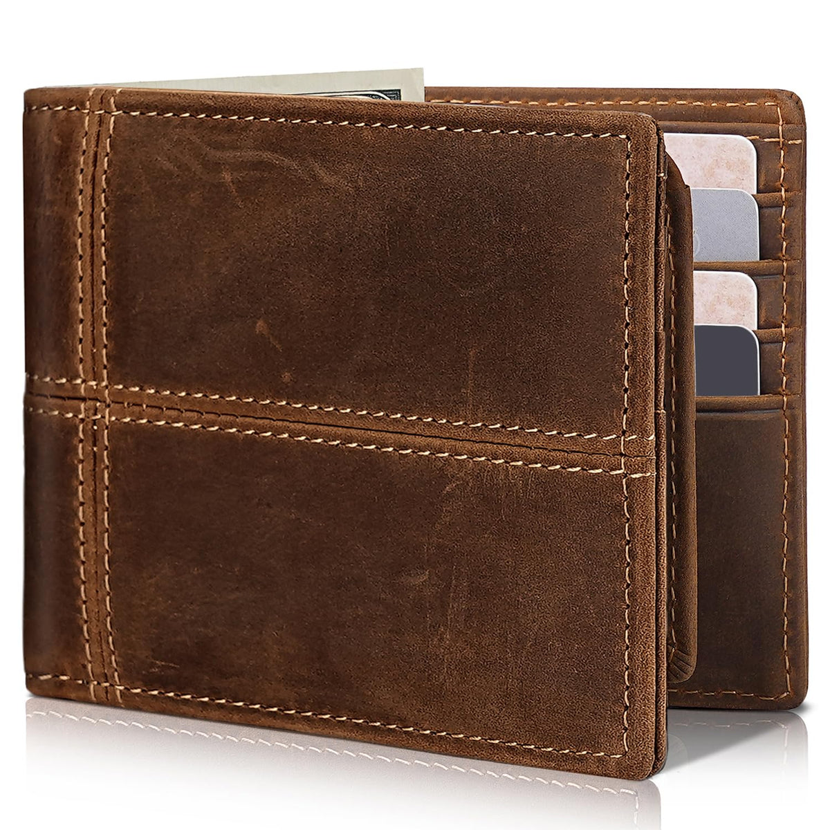 Men's Genuine Leather RFID Bifold Wallet 13 Card Slots Brown Gift Box