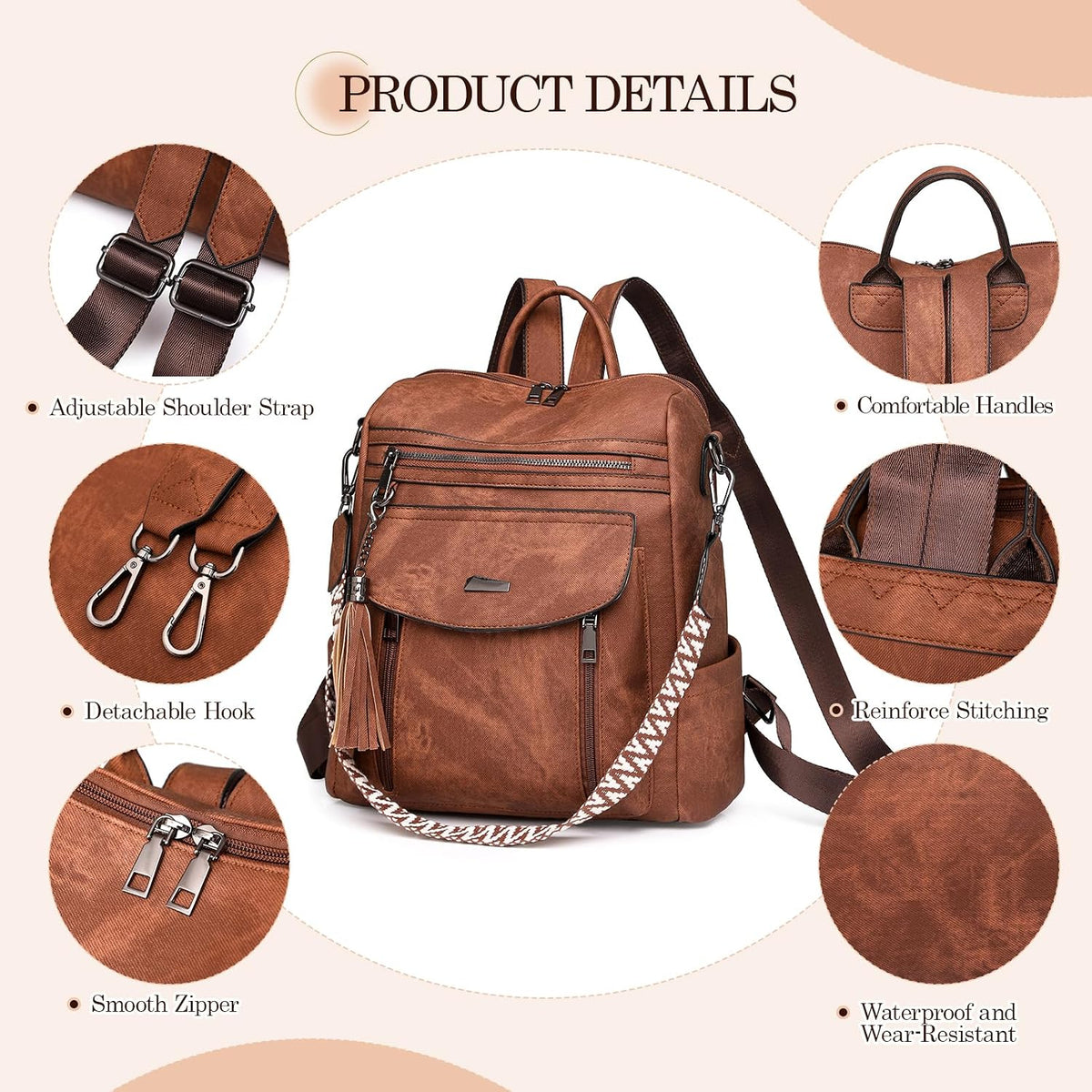 Backpack purse detail close-ups: adjustable shoulder strap, detachable hooks, comfortable handles, reinforced stitching and smooth zippers