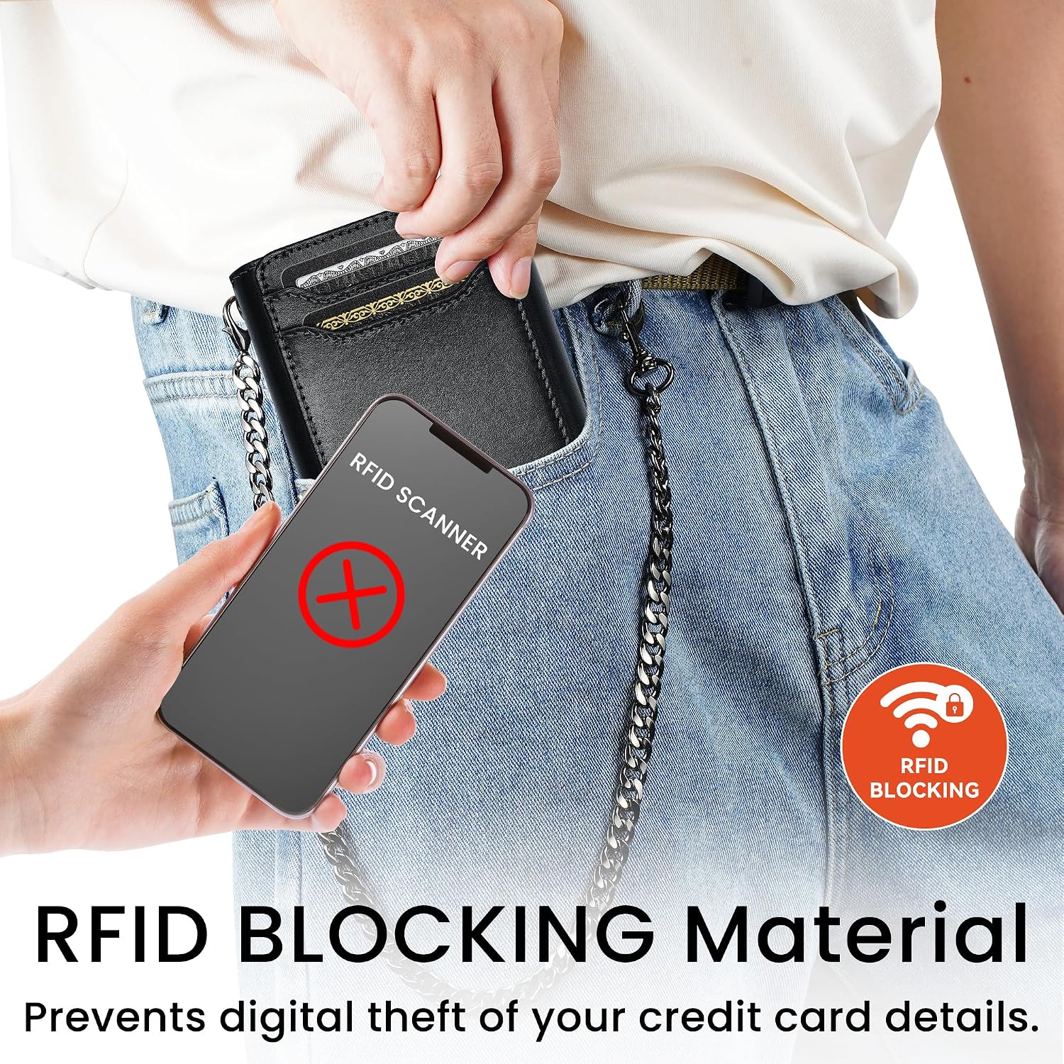 furid Genuine Leather Trifold Chain Wallet for Men with RFID Blocking