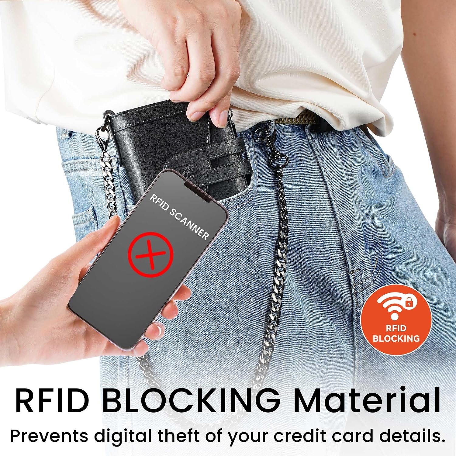 furid Genuine Leather Men's Wallet: Zipper Pocket Anti-Theft Chain Wallet | Top Grain Leather RFID Wallet with Chain - 15 Card Slots Bifold Card Wallet for Motorcycle Riding - Gift for Father Husband