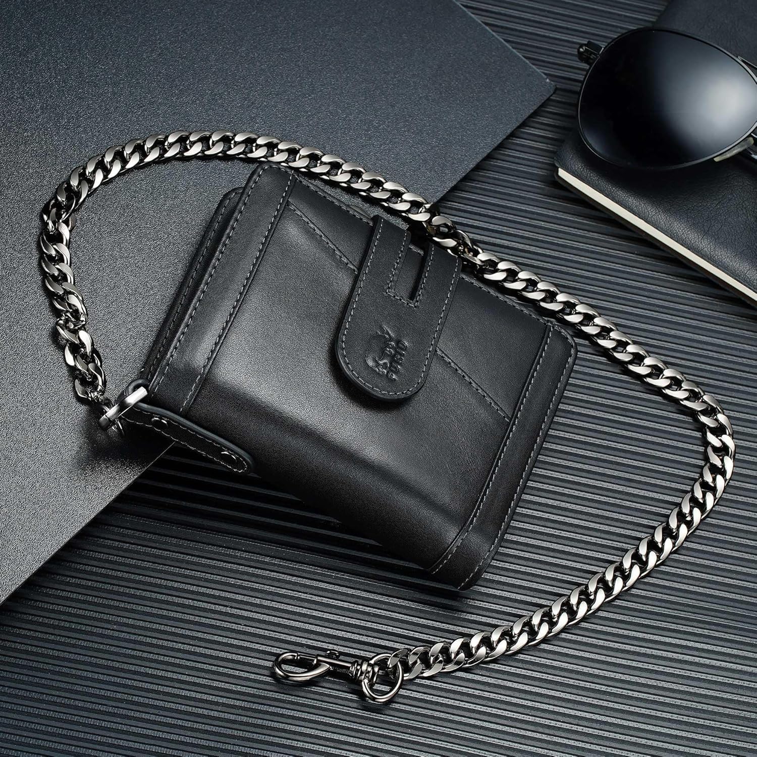 furid Genuine Leather Men's Wallet: Zipper Pocket Anti-Theft Chain Wallet | Top Grain Leather RFID Wallet with Chain - 15 Card Slots Bifold Card Wallet for Motorcycle Riding - Gift for Father Husband