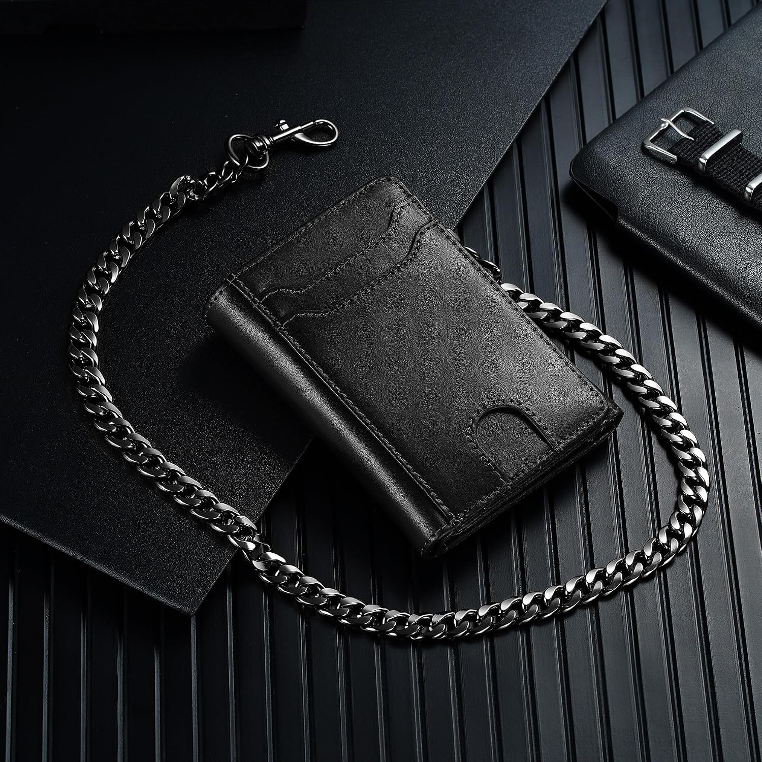 furid Genuine Leather Trifold Chain Wallet for Men with RFID Blocking