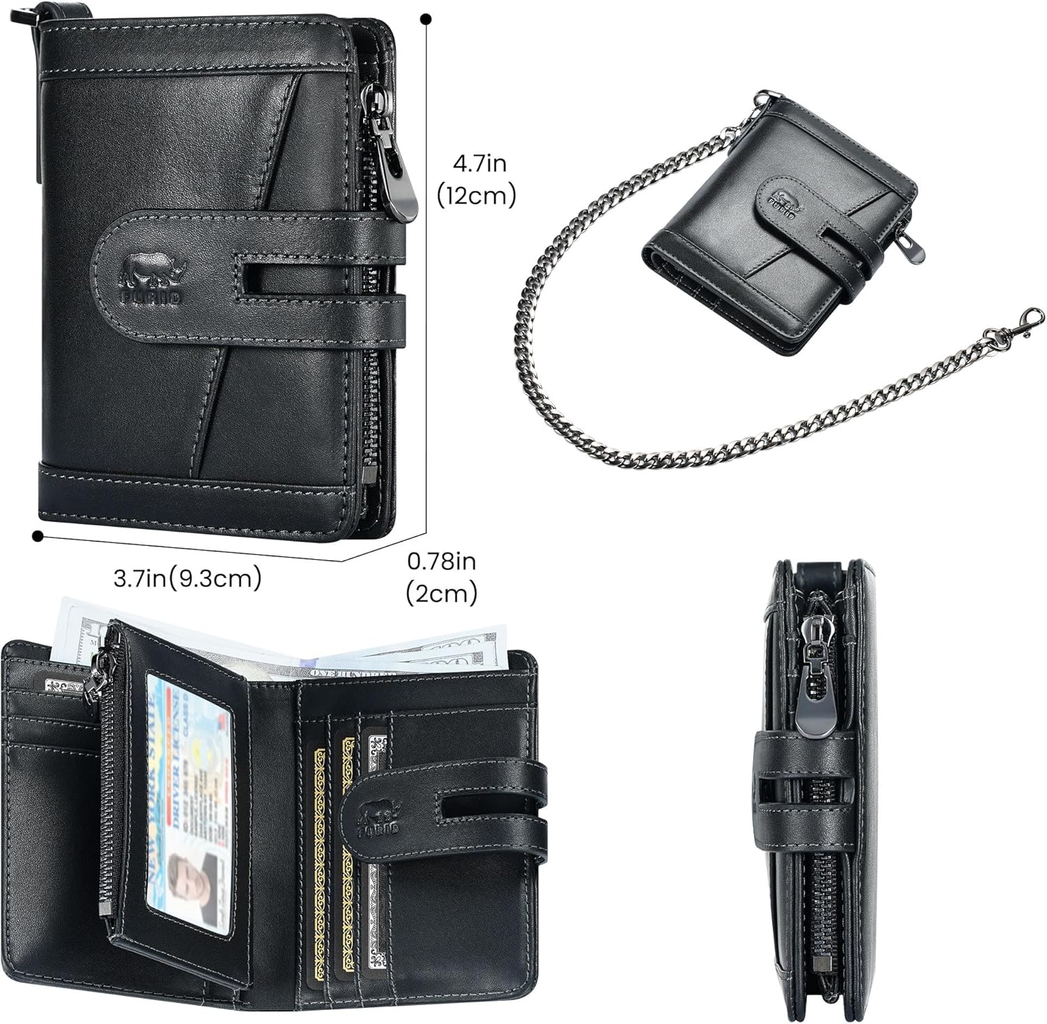 furid Genuine Leather Men's Wallet: Zipper Pocket Anti-Theft Chain Wallet | Top Grain Leather RFID Wallet with Chain - 15 Card Slots Bifold Card Wallet for Motorcycle Riding - Gift for Father Husband