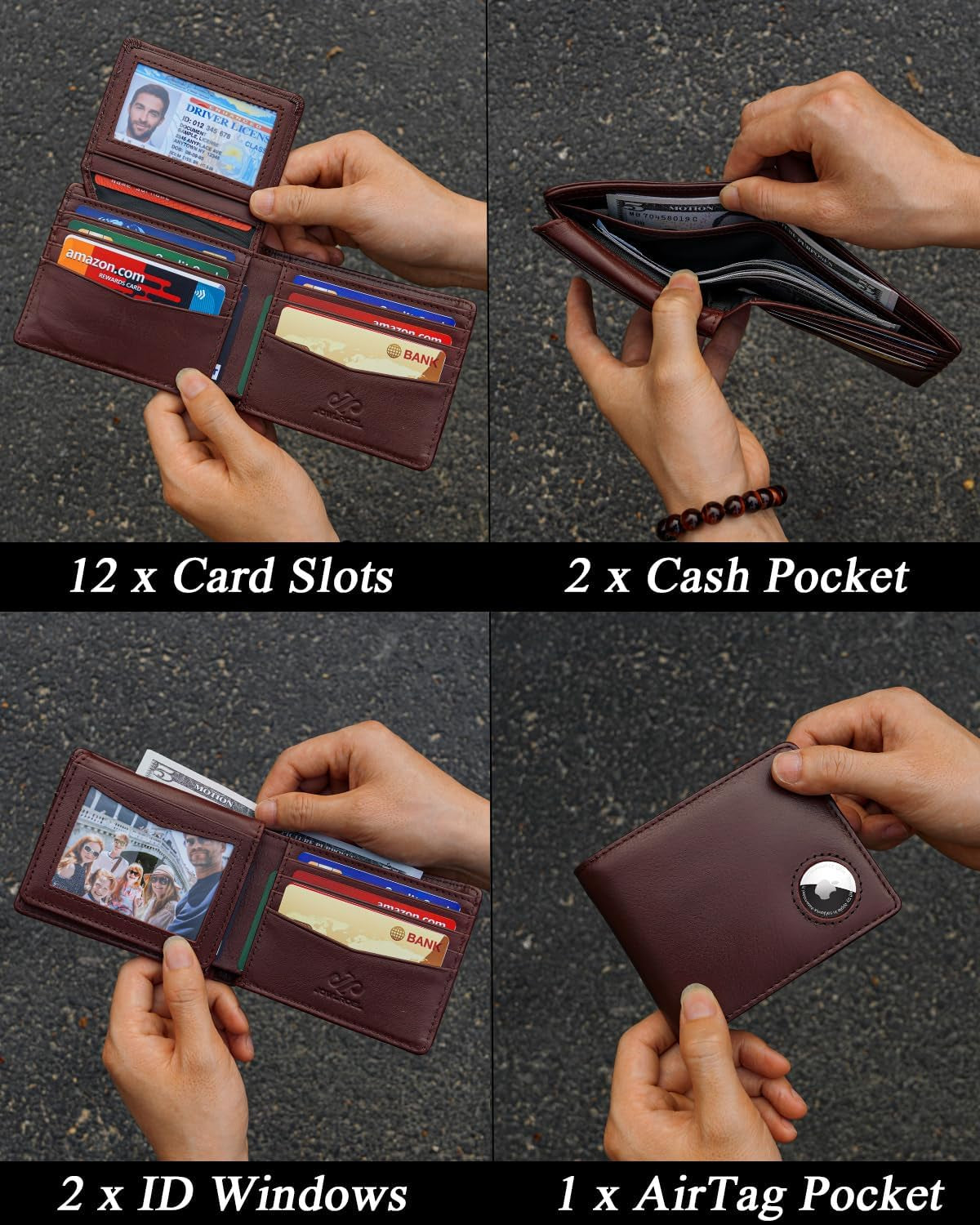 Airtag Wallet - Top Grain Leather Bifold Mens Wallet with Airtag Holder, RFID Blocking Wallet for Men with 2 ID Window 12 Card Holders and Gift Box - Dark Brown