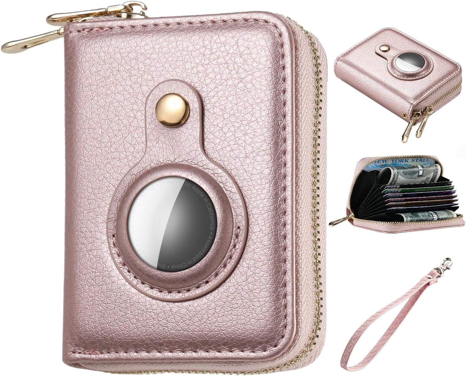 ABBY's RFID Blocking AirTag Wallet for Women - Slim Rose Gold PU Leather Zipper Wallet - Abbycart