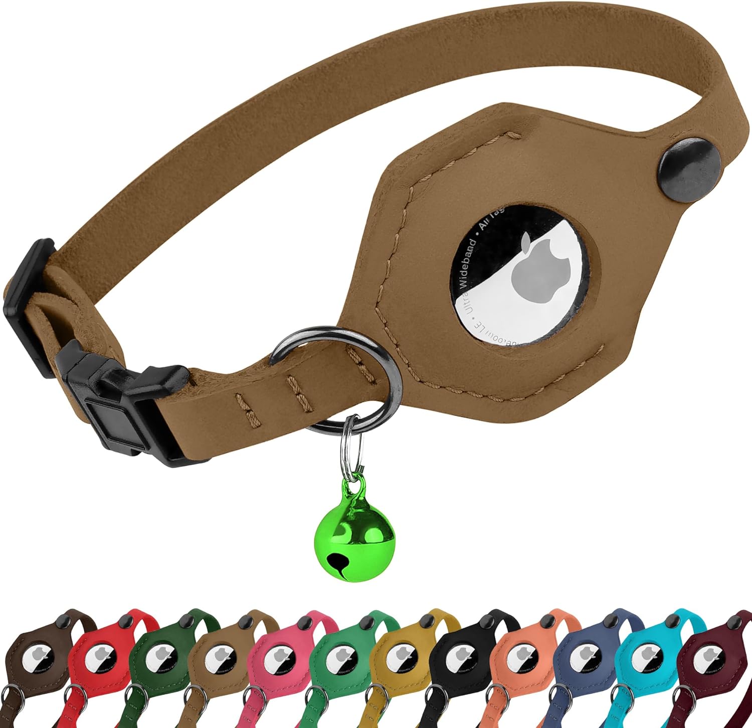 Adjustable Leather Cat Collar with AirTag Holder - Breakaway Design with Bell - Abbycart