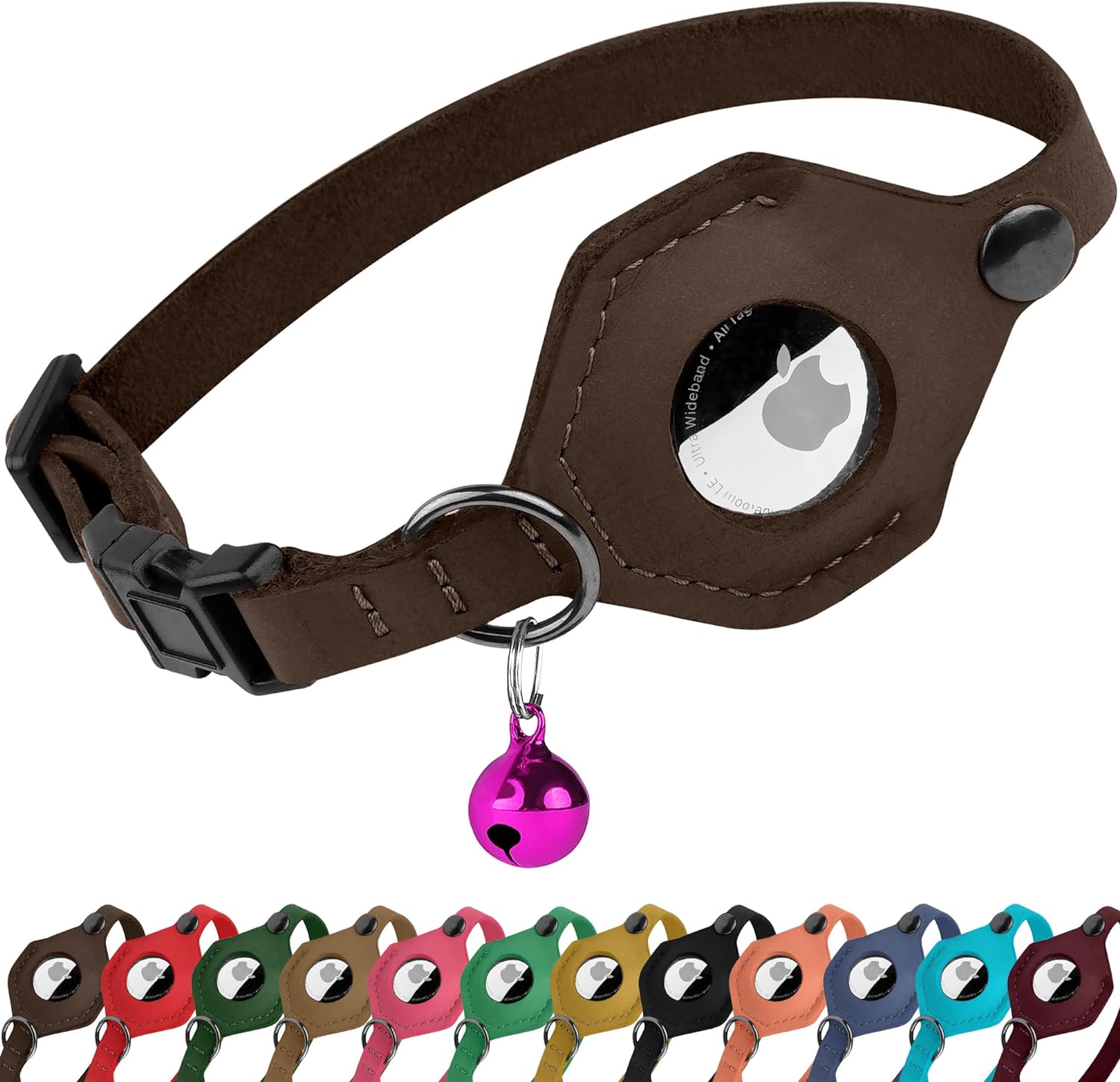 Adjustable Leather Cat Collar with AirTag Holder - Breakaway Design with Bell - Abbycart