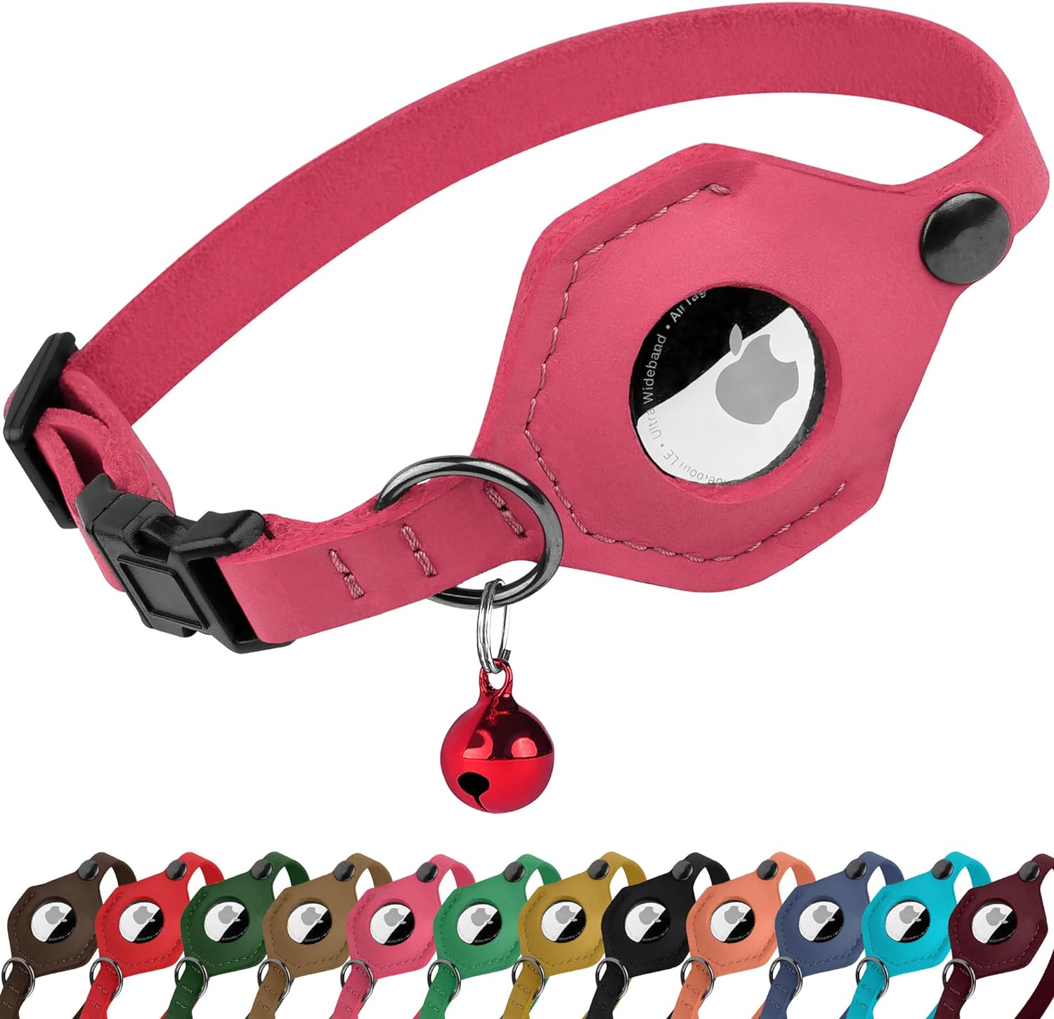 Adjustable Leather Cat Collar with AirTag Holder - Breakaway Design with Bell - Abbycart