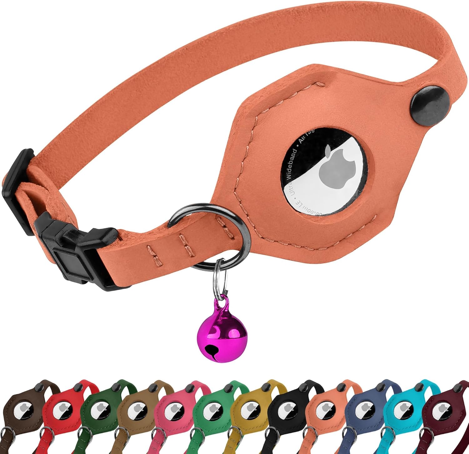 Adjustable Leather Cat Collar with AirTag Holder - Breakaway Design with Bell - Abbycart