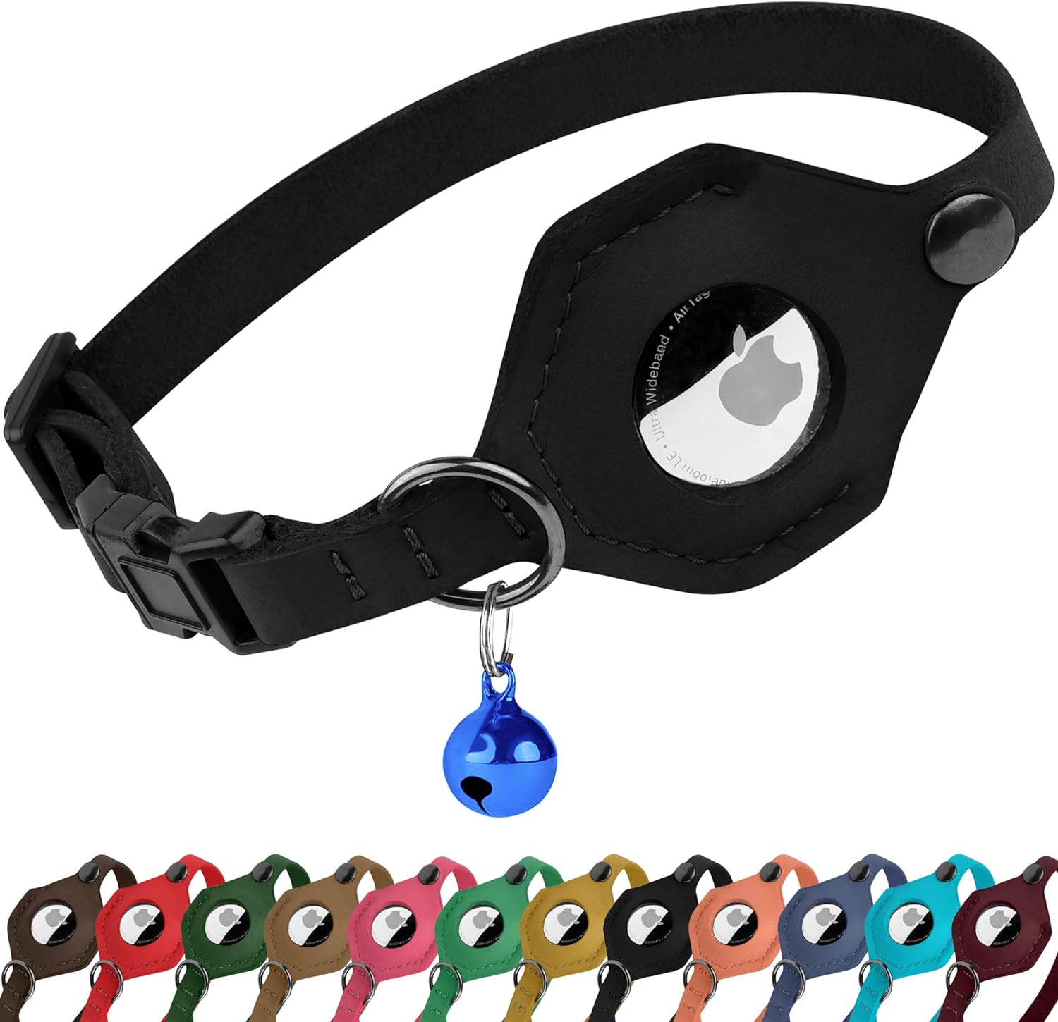 Adjustable Leather Cat Collar with AirTag Holder - Breakaway Design with Bell - Abbycart