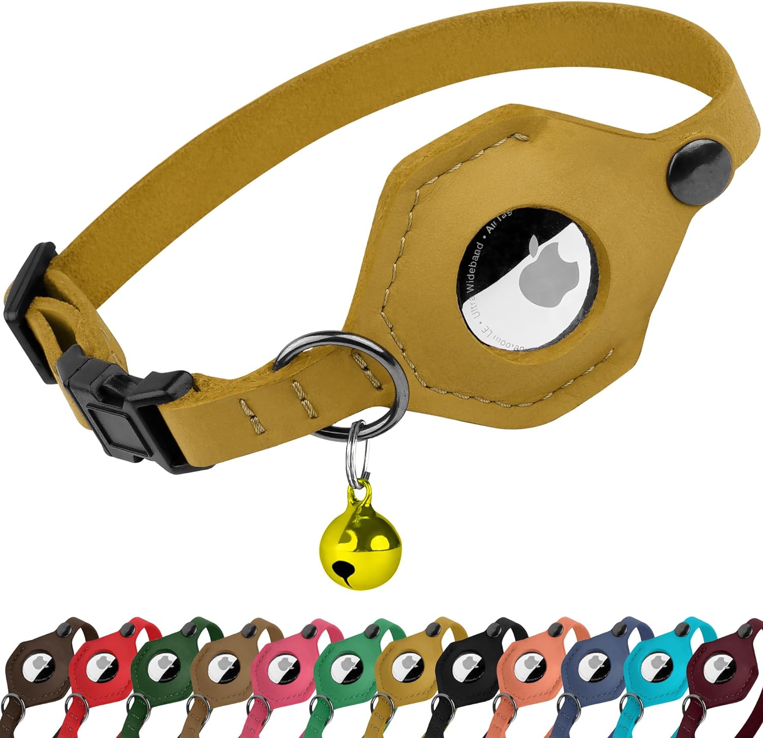 Adjustable Leather Cat Collar with AirTag Holder - Breakaway Design with Bell - Abbycart