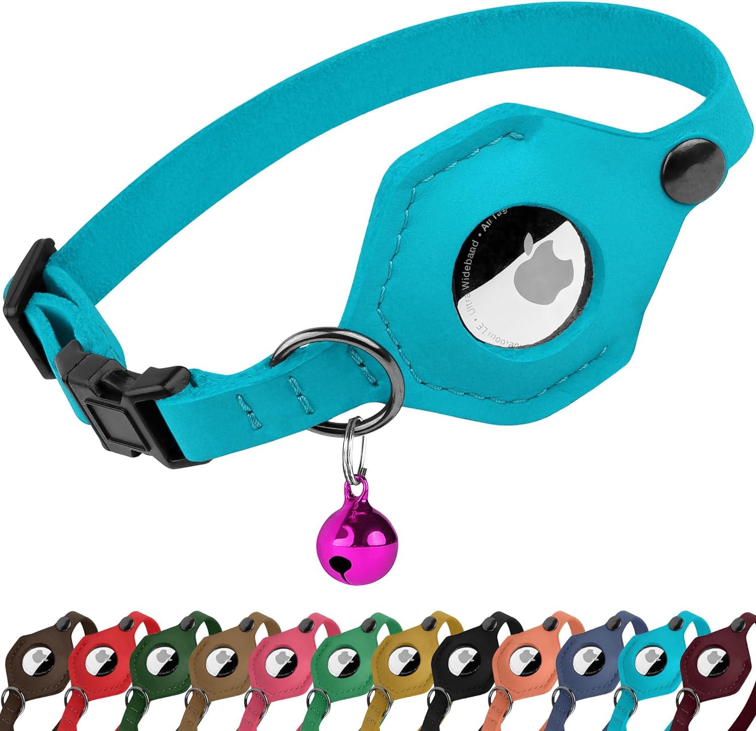 Adjustable Leather Cat Collar with AirTag Holder - Breakaway Design with Bell - Abbycart