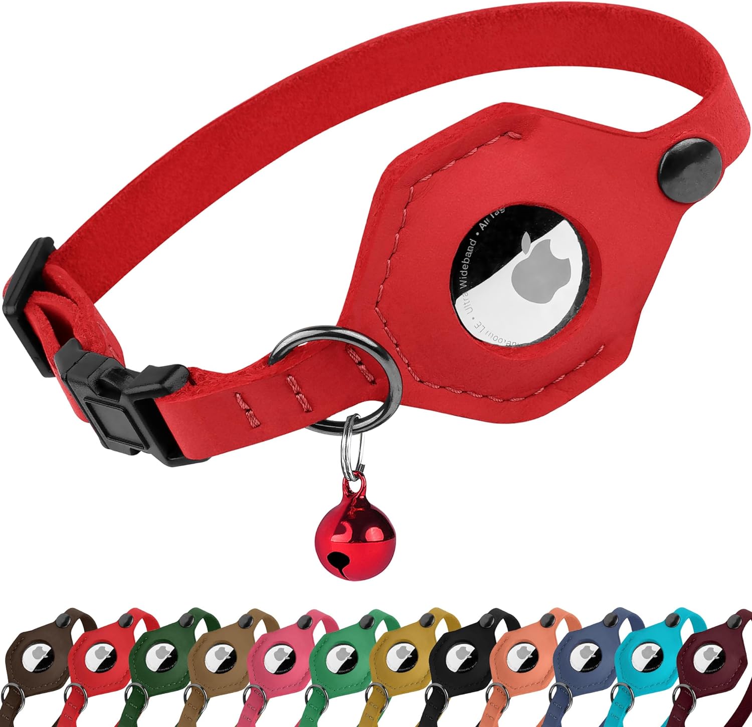 Adjustable Leather Cat Collar with AirTag Holder - Breakaway Design with Bell - Abbycart