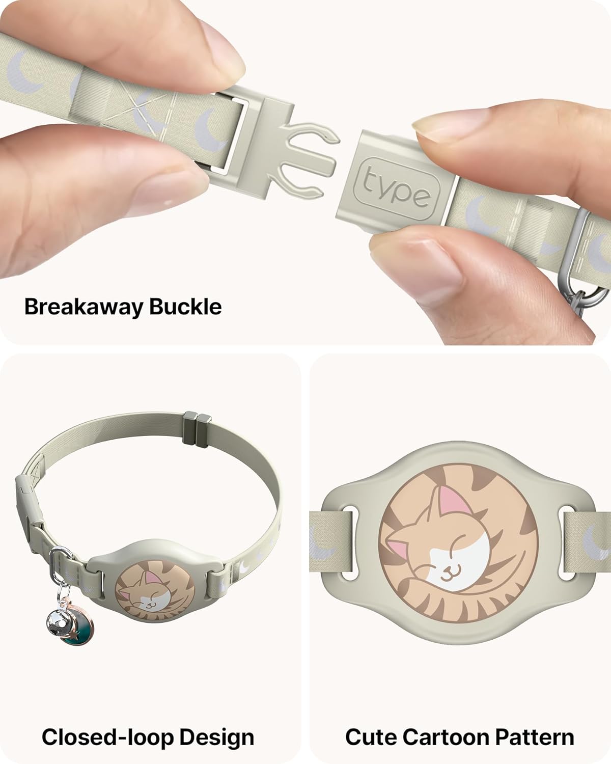 Cat Collar with Airtag Holder, Breakaway Airtag Cat Collar for Apple Air Tag with Luminous & Reflective Pattern, Waterproof GPS Cat Tracker Collars for Boy Girl Cats Kittens with Bell, Khaki (8-12")