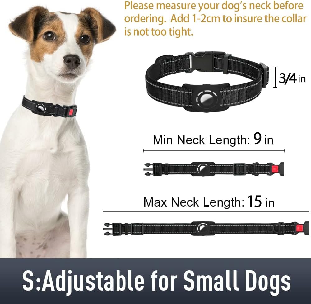 AirTag Dog Collar with AirTag Holder Compatible for Air Tag, Reflective Soft Padded, Safety Locking Buckle, Adjustable Nylon for Small Medium Large Dogs (Black,S)