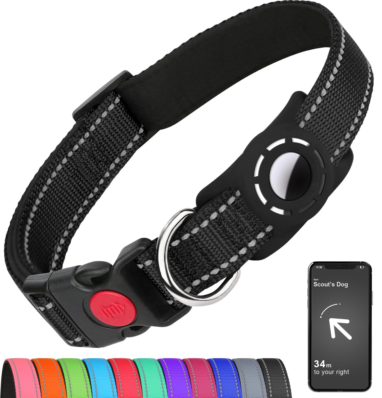 AirTag Dog Collar Reflective Waterproof Adjustable Nylon