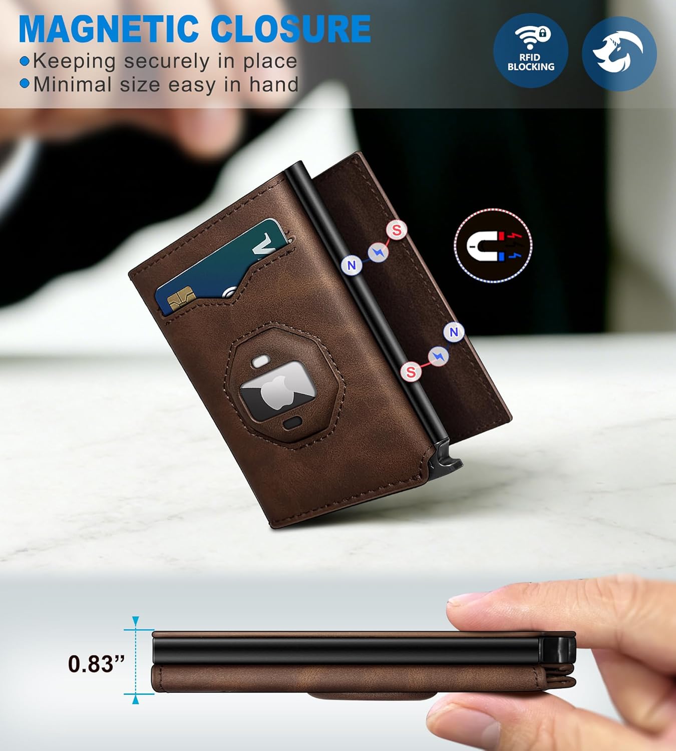 Airtag Wallet for Men,with Cash Pocket 2 ID Window 10+ Cards,Metal Case Smart Slim Pop Up Credit Card Holder Flip with Magnetic Closure RFID Blocking Trifold Leather wallet with Gift Box