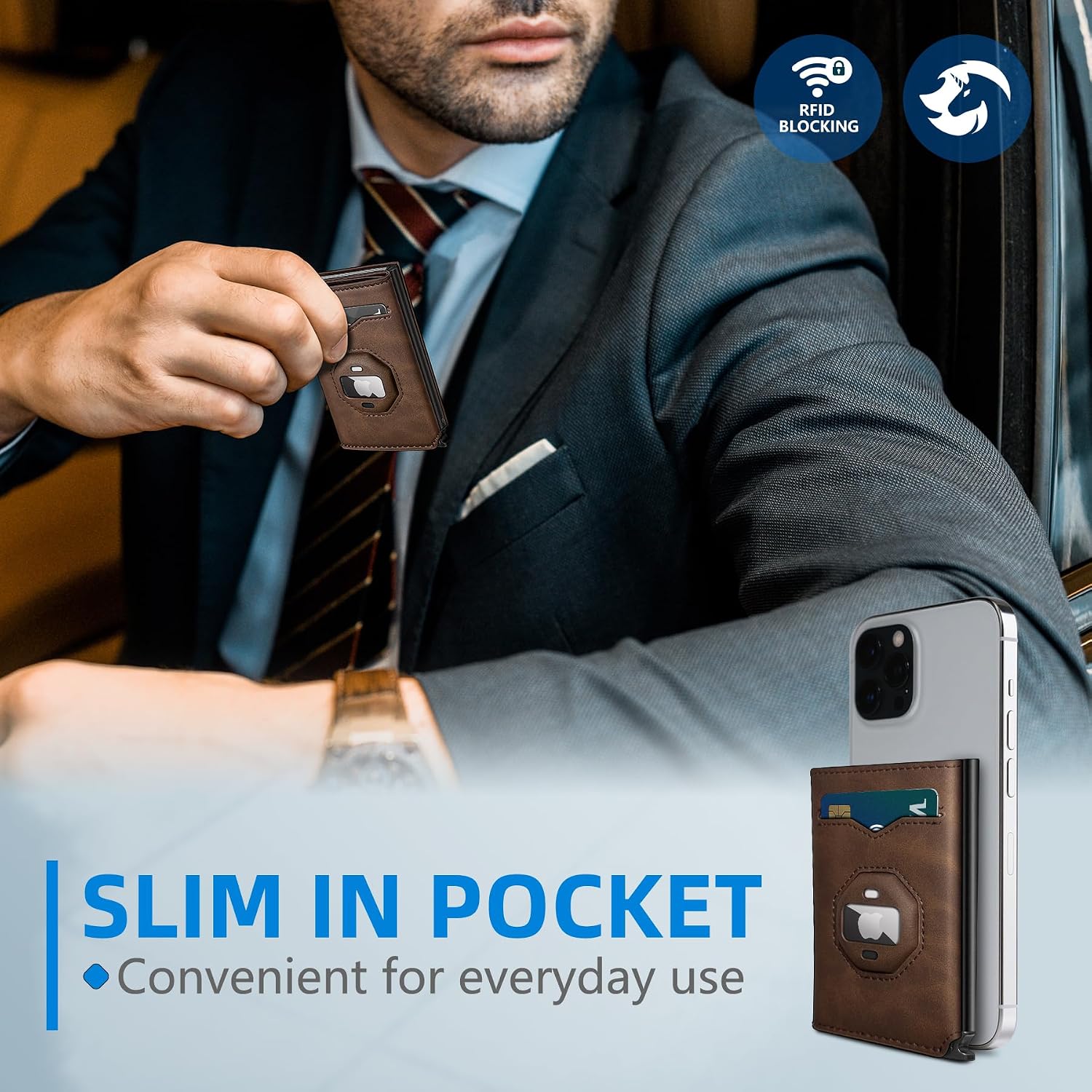 Airtag Wallet for Men,with Cash Pocket 2 ID Window 10+ Cards,Metal Case Smart Slim Pop Up Credit Card Holder Flip with Magnetic Closure RFID Blocking Trifold Leather wallet with Gift Box