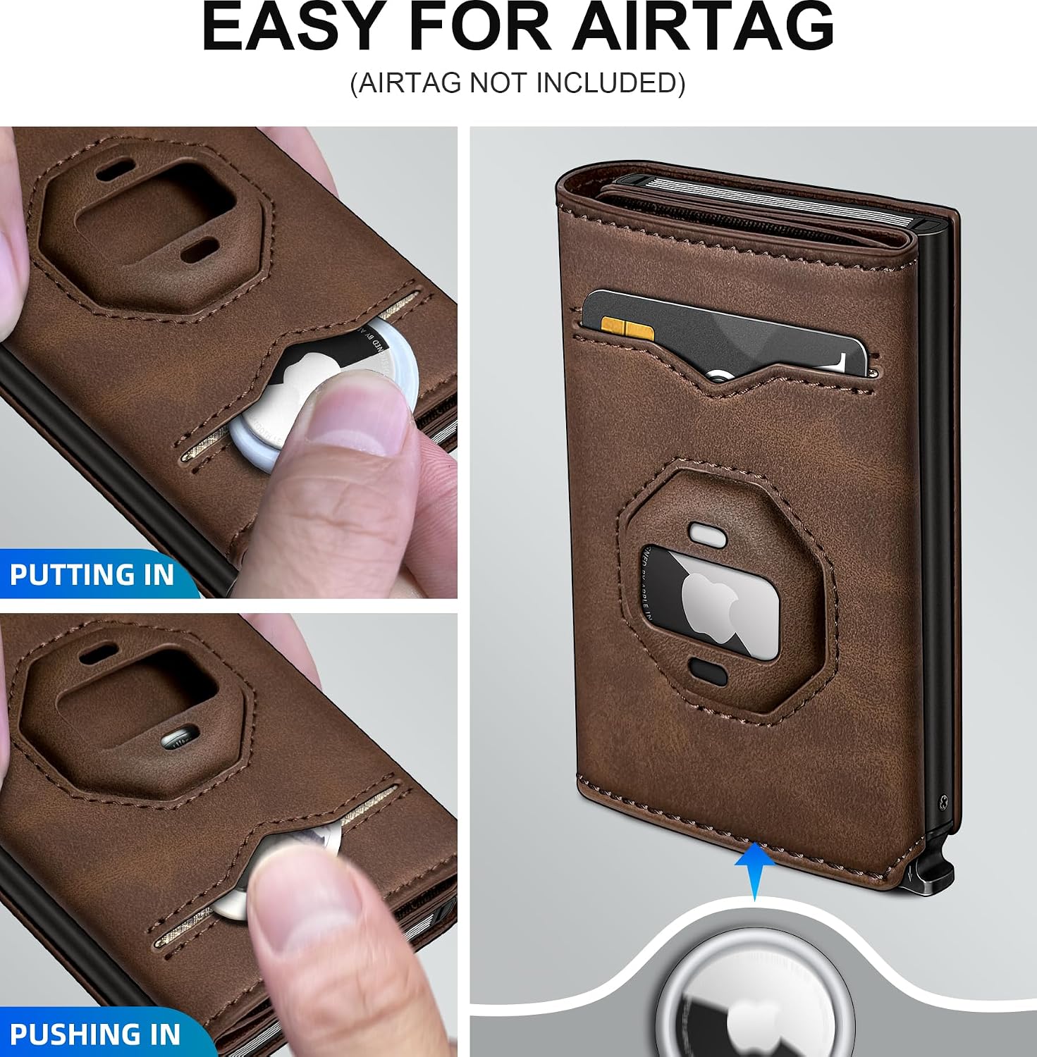 Airtag Wallet for Men,with Cash Pocket 2 ID Window 10+ Cards,Metal Case Smart Slim Pop Up Credit Card Holder Flip with Magnetic Closure RFID Blocking Trifold Leather wallet with Gift Box