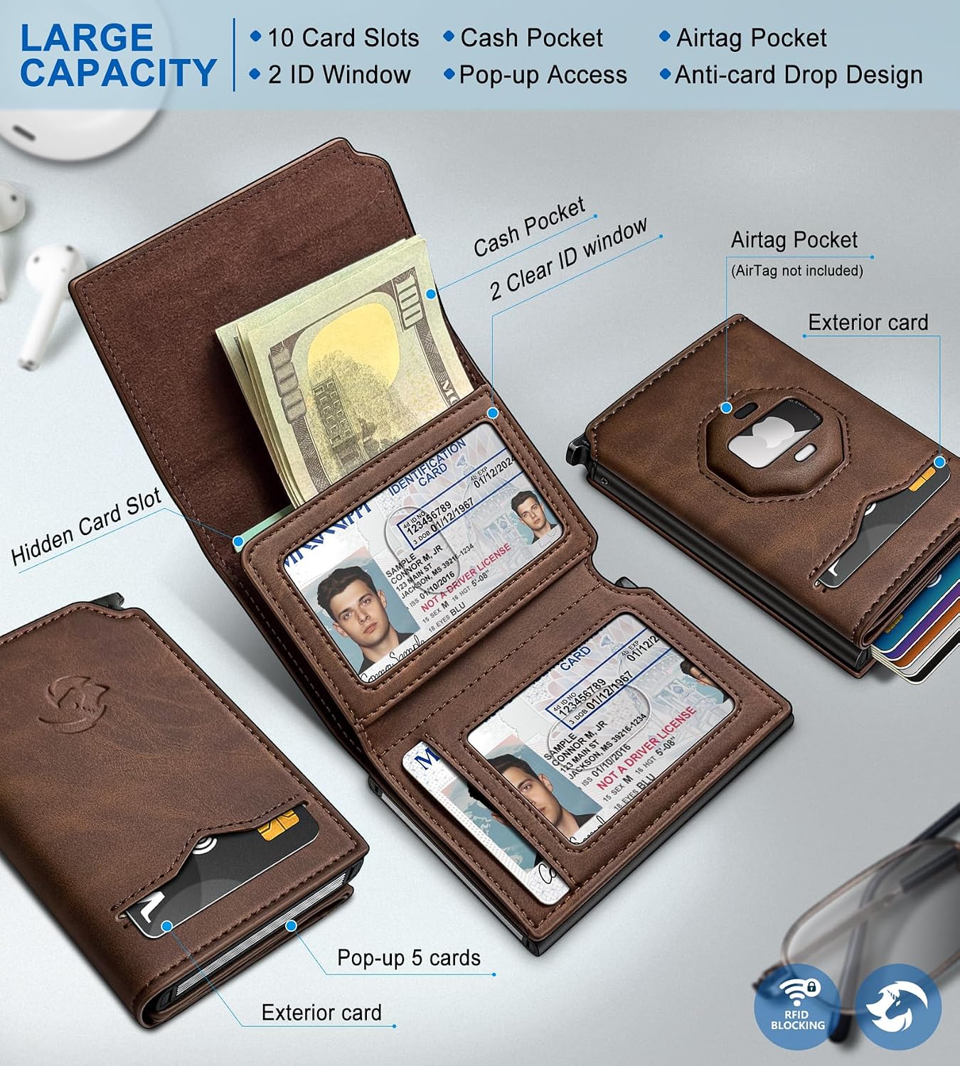 Airtag Wallet for Men,with Cash Pocket 2 ID Window 10+ Cards,Metal Case Smart Slim Pop Up Credit Card Holder Flip with Magnetic Closure RFID Blocking Trifold Leather wallet with Gift Box