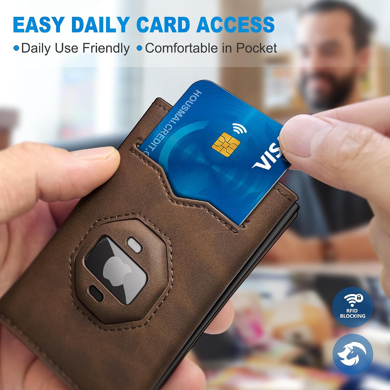 Airtag Wallet for Men,with Cash Pocket 2 ID Window 10+ Cards,Metal Case Smart Slim Pop Up Credit Card Holder Flip with Magnetic Closure RFID Blocking Trifold Leather wallet with Gift Box