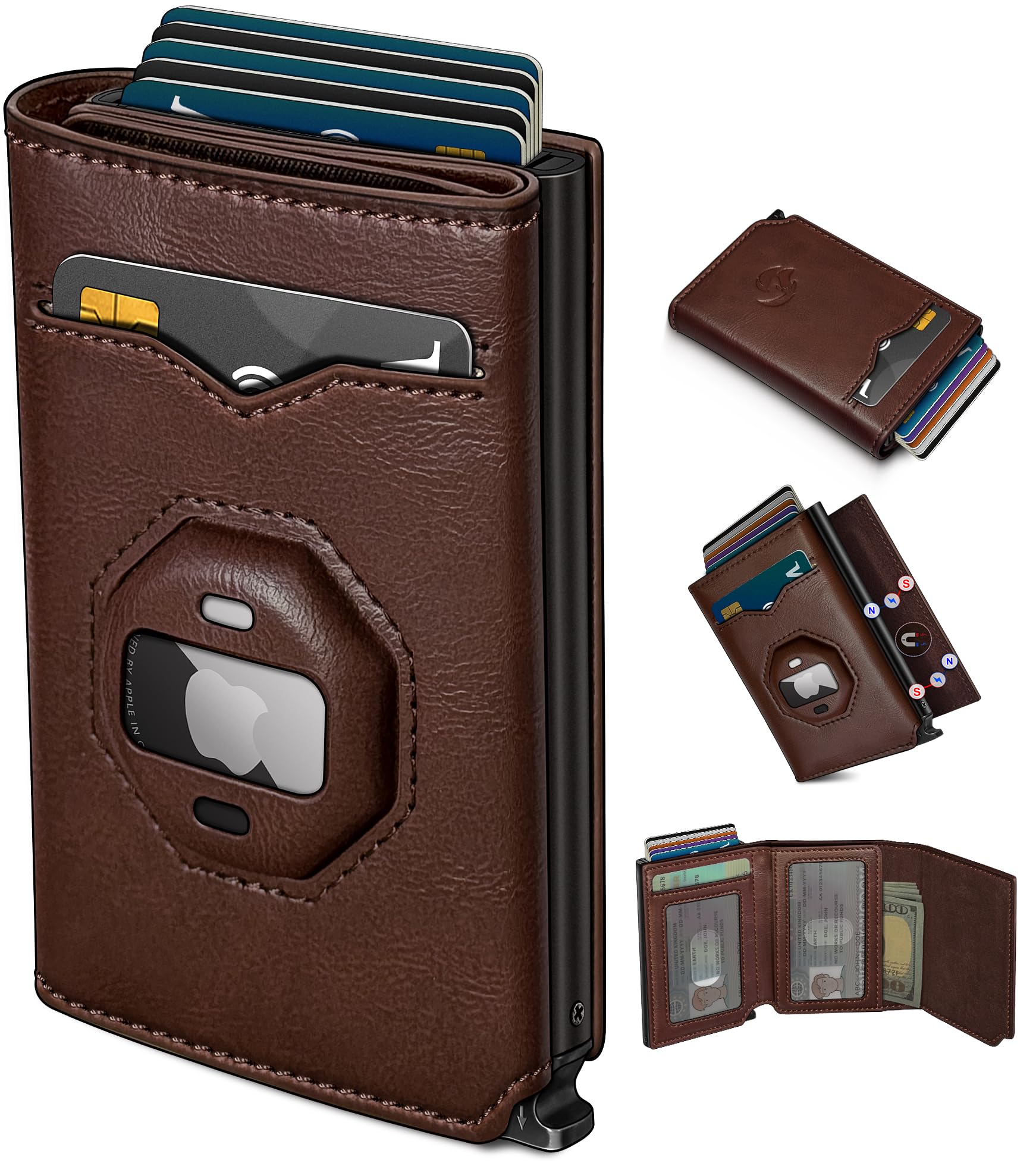 AirTag Wallet for Men Pop Up RFID Leather Slim Trifold Wallet