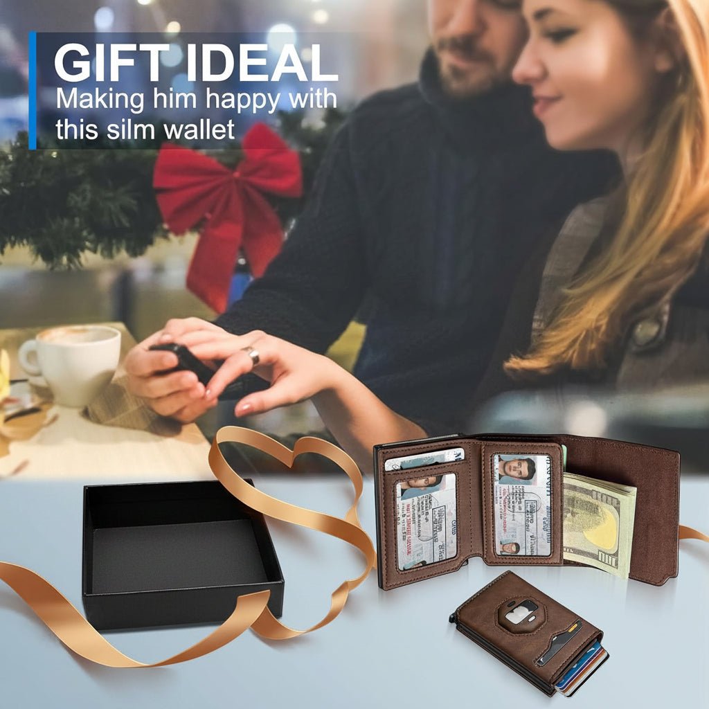 Airtag Wallet for Men,with Cash Pocket 2 ID Window 10+ Cards,Metal Case Smart Slim Pop Up Credit Card Holder Flip with Magnetic Closure RFID Blocking Trifold Leather wallet with Gift Box