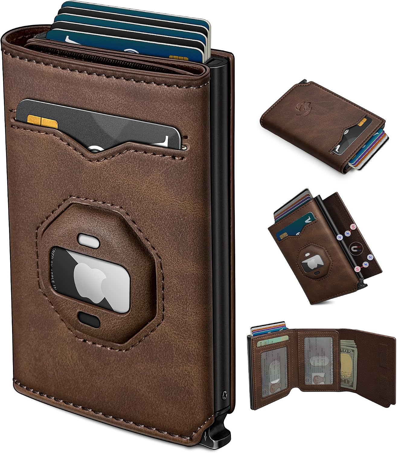 AirTag Wallet for Men Pop Up RFID Leather Slim Trifold Wallet