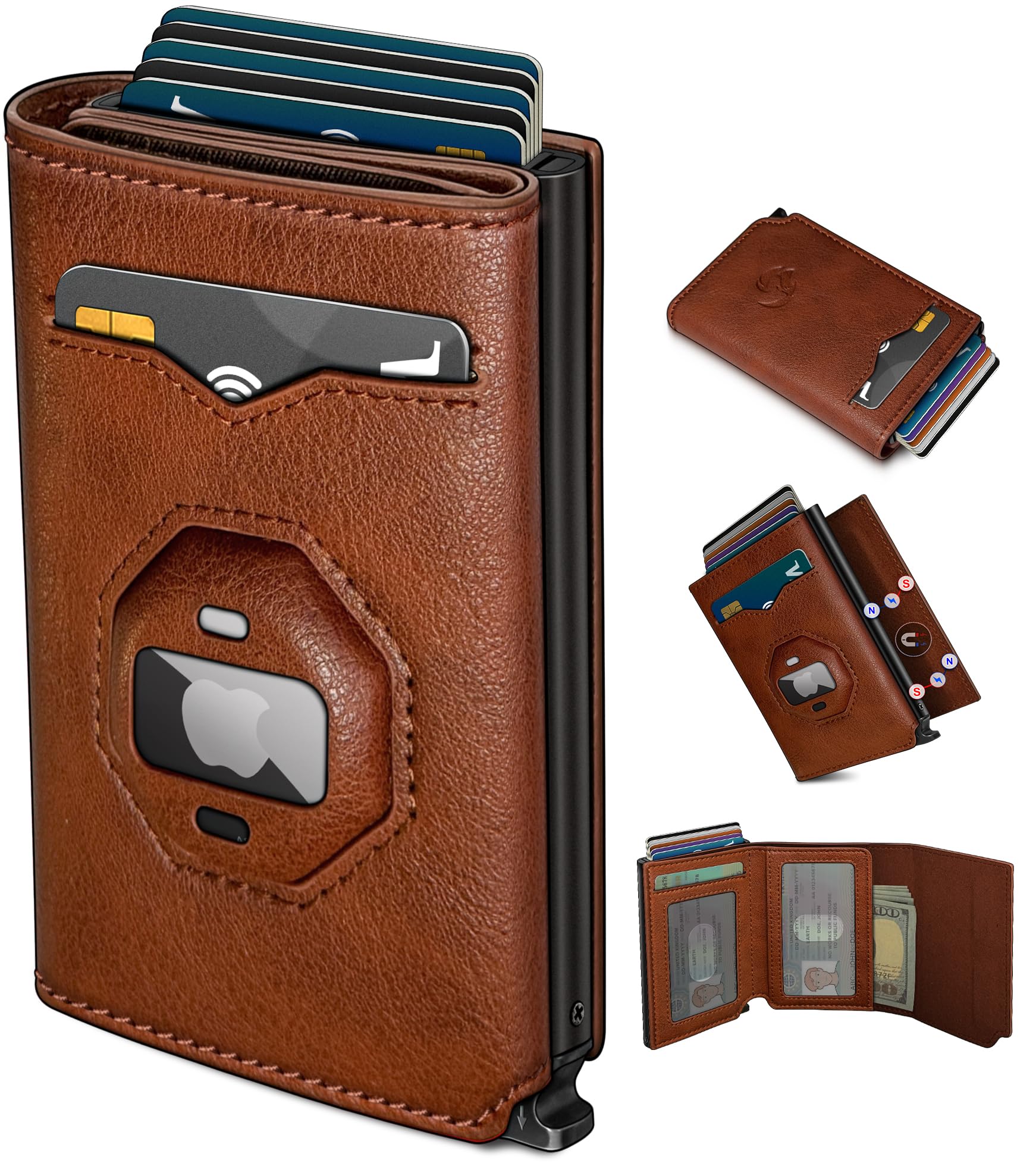 AirTag Wallet for Men Pop Up RFID Leather Slim Trifold Wallet