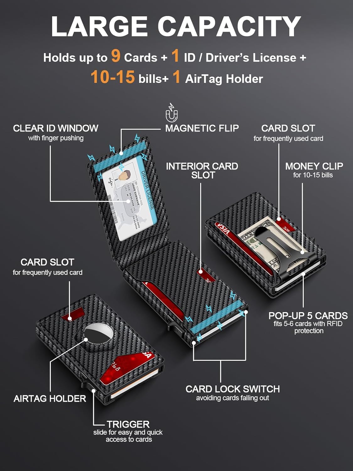 Airtag Wallet for Men, Smart Minimalist Metal Wallet Pop Up Credit Card Holder, Holds 8-12 Cards, RFID Blocking, ID Window & Magnetic Closure, Compact Aluminum Card Case (Gift Box)