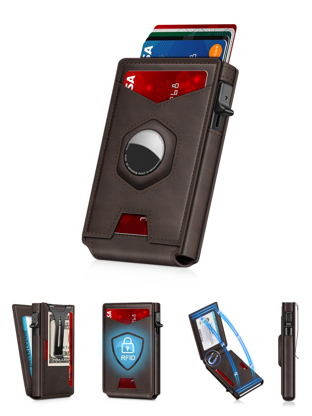 AirTag Wallet for Men RFID Pop Up Card Holder with Clip