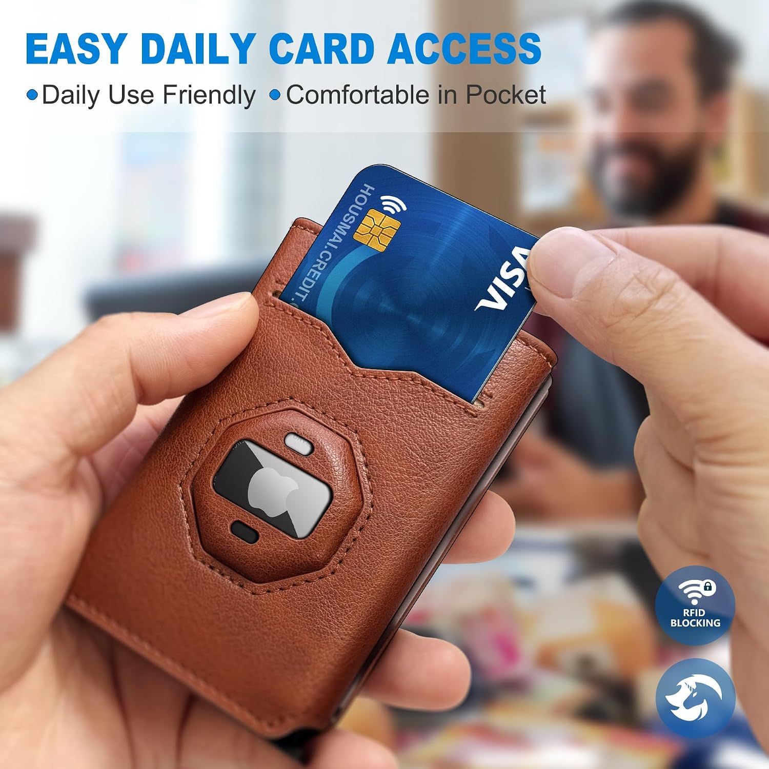 Airtag Wallet for Men,with Cash Pocket 2 ID Window 10+ Cards,Metal Case Smart Slim Pop Up Credit Card Holder Flip with Magnetic Closure RFID Blocking Trifold Leather wallet with Gift Box