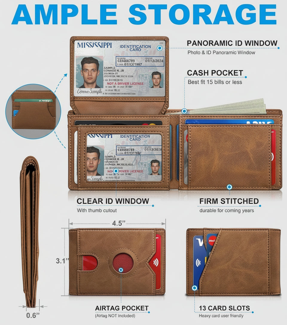 AirTag Wallet for Men – Slim Leather RFID Blocking Bifold with ID Windows, Cash Pocket & Gift Box - Abbycart